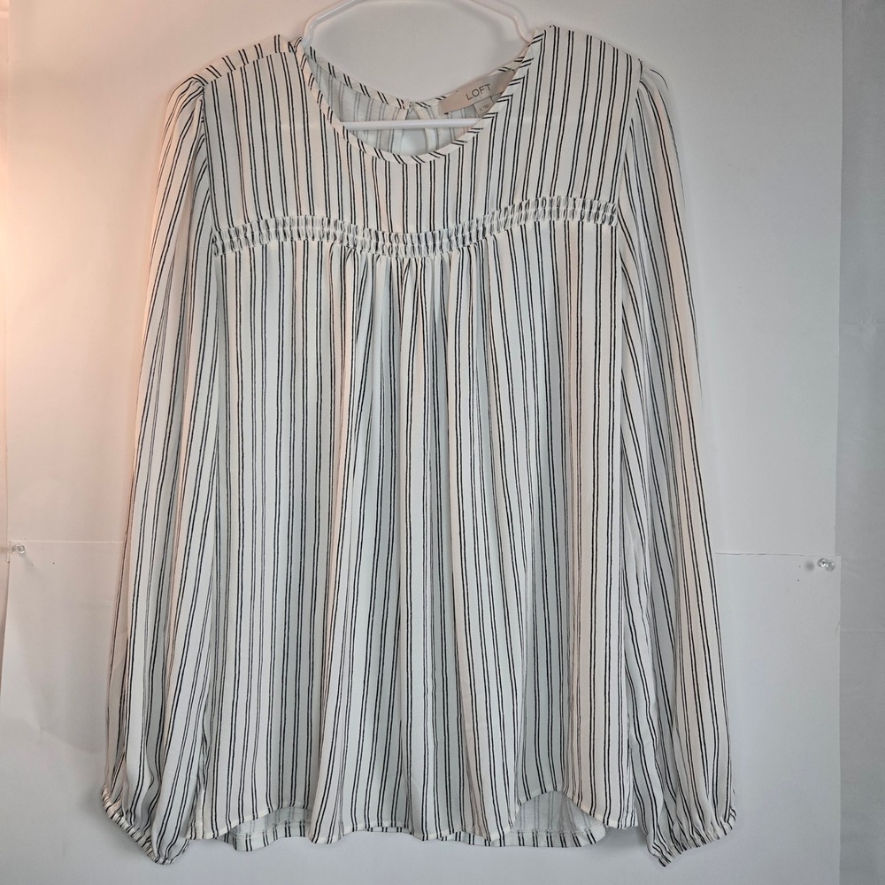 Loft Womens Small White Black Striped Smocked Yoke Long Sleeve Blouse 499524